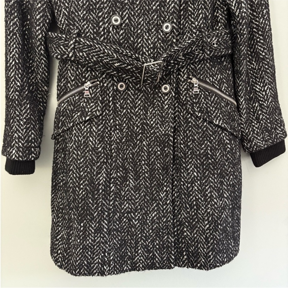 EXPRESS NWOT Wool-Blend Herringbone Belted Trench Coat Jacket Black White Tweed - Picture 6 of 16